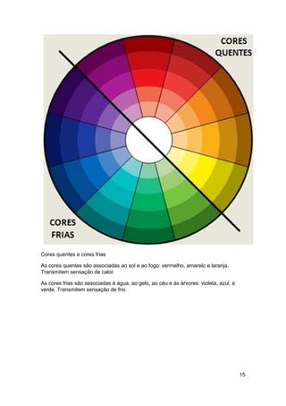 Cores quentes e cores frias

As cores quentes são associadas ao sol e ao fogo: vermelho, amarelo e laranja.
Transmitem sensação de calor.

As cores frias são associadas à água, ao gelo, ao céu e às árvores: violeta, azul, e
verde. Transmitem sensação de frio.




                                                                                       15
 