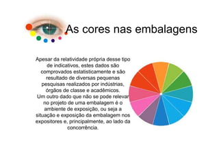 As cores nas embalagens

Apesar da relatividade própria desse tipo
     de indicativos, estes dados são
   comprovados estatisticamente e são
     resultado de diversas pequenas
   pesquisas realizados por indústrias,
     órgãos de classe e acadêmicos.
 Um outro dado que não se pode relevar
    no projeto de uma embalagem é o
    ambiente de exposição, ou seja a
situação e exposição da embalagem nos
expositores e, principalmente, ao lado da
               concorrência.
 