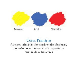 Cores Primárias
As cores primárias são consideradas absolutas,
pois não podem serem criadas a partir da
mistura de outras cores.
 