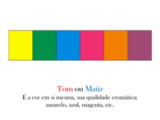 Tom ou Matiz
É a cor em si mesma, sua qualidade cromática;
amarelo, azul, magenta, etc.
 