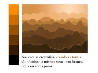 Nas escalas cromáticas os valores tonais
são obtidos da mistura com a cor branca,
preta ou cores puras.
 