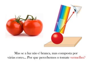 Mas se a luz não é branca, mas composta por
várias cores... Por que percebemos o tomate vermelho?
 