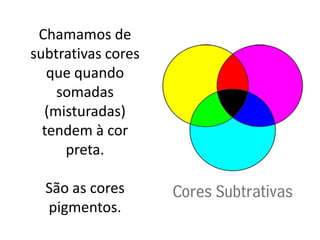 Chamamos de
subtrativas cores
que quando
somadas
(misturadas)
tendem à cor
preta.
São as cores
pigmentos.
 