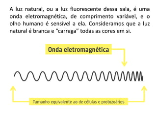 A luz natural, ou a luz fluorescente dessa sala, é uma
onda eletromagnética, de comprimento variável, e o
olho humano é sensível a ela. Consideramos que a luz
natural é branca e “carrega” todas as cores em si.
 
