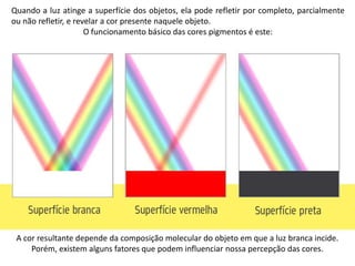 Quando a luz atinge a superfície dos objetos, ela pode refletir por completo, parcialmente
ou não refletir, e revelar a cor presente naquele objeto.
O funcionamento básico das cores pigmentos é este:
A cor resultante depende da composição molecular do objeto em que a luz branca incide.
Porém, existem alguns fatores que podem influenciar nossa percepção das cores.
 