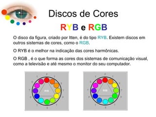 Discos de Cores
RYB e RGB
O disco da figura, criado por Itten, é do tipo RYB. Existem discos em
outros sistemas de cores, como o RGB.
O RYB é o melhor na indicação das cores harmônicas.
O RGB , é o que forma as cores dos sistemas de comunicação visual,
como a televisão e até mesmo o monitor do seu computador.
 
