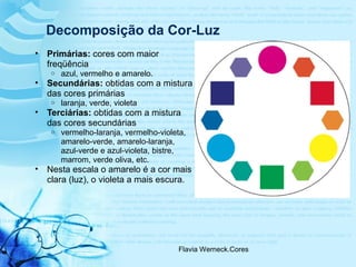 Flavia Werneck.Cores
Decomposição da Cor-Luz
• Primárias: cores com maior
freqüência
o azul, vermelho e amarelo.
• Secundárias: obtidas com a mistura
das cores primárias
o laranja, verde, violeta
• Terciárias: obtidas com a mistura
das cores secundárias
o vermelho-laranja, vermelho-violeta,
amarelo-verde, amarelo-laranja,
azul-verde e azul-violeta, bistre,
marrom, verde oliva, etc.
• Nesta escala o amarelo é a cor mais
clara (luz), o violeta a mais escura.
 