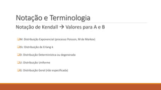 Notação e Terminologia 
Notação de Kendall  Valores para A e B 
M: Distribuição Exponencial (processo Poisson, M de Markov) 
Ek: Distribuição de Erlang-k 
D: Distribuição Determinística ou degenerada 
U: Distribuição Uniforme 
G: Distribuição Geral (não especificada) 
 