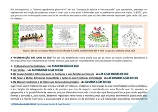 A TEORIA DAS ILHAS DE EGO. Por Fernando Zornitta & Paulo Zornitta
7
Por consequência, o “sistema egocêntrico planetário” em sua “composição teórica e hierarquizada” que apontamos, precisava ser
segmentado em função de podermos tratar e sanar uma a uma estas 5 dimensões que estabelecemos desse mal maior: “o EGO”, para
que possa assim ser extirpado como um câncer tem de ser extirpado e antes que seja derradeiramente impossível (pois tarde já é) para
ser tratado.
Páginas 149 do Livro Digital Multisensorial GRANDE É A ARTE, GRANDE PODE SER A VIDA e Logos EU, UNASUR, OTAN, OEA
A “SEGMENTAÇÃO DAS ILHAS DE EGO” foi por nós estabelecida numa escala que vai do micro ao macro; conforme teorizamos e
hierarquizamos esse componente do instinto humano, que pode ser resumidamente contextualizado em ordem crescente:
1. Os Humanos e/ou Indivíduos - são AS MICRO ILHAS DE EGO
2. As Famílias - são AS PEQUENAS ILHAS DE EGO
3. Os Grupos Sociais e Afins aos quais os humanos e suas famílias pertencem - são AS ILHAS MÉDIAS DE EGO
4. Os Países e Outras Estruturas Geopolíticas e Culturais com Fronteiras Delimitadas - são AS GRANDES ILHAS DE EGO
5. Os Blocos Econômicos e de Interesses Comuns Consorciados - são AS MEGA ILHAS DE EGO
Sugerimos, como tratamento para extirpar o EGO em todas as instâncias e hierarquias da sua manifestação (acima apontadas)
e em função da salvaguarda da vida e do planeta que nos dá suporte; apontando em uma fórmula que foi pensada na
perspectiva e na possibilidade de reversão do caos planetário anunciado - inspirados que fomos pela força que a tudo equilibra
(temos a certeza) e, para tanto, deixamos registrado neste texto e manifestamos que estamos brevemente publicando essa
fórmula e a receita num livro, o qual apontará os seis pilares, os 36 princípios e as 23 macroações planetárias imprescindíveis
 