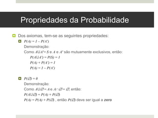 Propriedades da Probabilidade
 Dos axiomas, tem-se as seguintes propriedades:
 P(A) = 1 – P(A’)
Demonstração:
Como AUA’= S e A e A’ são mutuamente exclusivos, então:
P(AUA’) = P(S) = 1
P(A) + P(A’) = 1
P(A) = 1 – P(A’)
 P() = 0
Demonstração:
Como AU = A e A = , então:
P(AU) = P(A) + P()
P(A) = P(A) + P() , então P() deve ser igual a zero
 