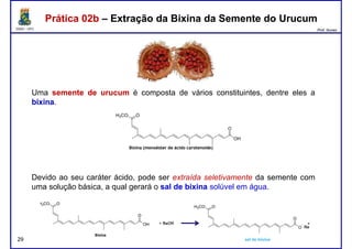 DQOI - UFC Prof. Nunes
Prática 02b – Extração da Bixina da Semente do UrucumPrática 02b – Extração da Bixina da Semente do Urucum
Uma sementesemente dede urucumurucum é composta de vários constituintes, dentre eles a
bixinabixina.
29
Devido ao seu caráter ácido, pode ser extraída seletivamente da semente com
uma solução básica, a qual gerará o salsal dede bixinabixina solúvel em água.
 