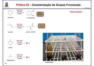 DQOI - UFC Prof. Nunes
KMnO4 frio
HO-
, H2O
(violeta)
OH
OH
cicloexeno 1,2-cicloexadiol
MnO2
(marrom)
+
Prática 03 – Caracterização de Grupos FuncionaisPrática 03 – Caracterização de Grupos Funcionais
Teste do BayerTeste do Bayer
KMnO4 frio
HO-
, H2O
(violeta)
O
O
MnO2
(marrom)
+
2-pentino pentano-2,3-diona
KMnO4 frio
HO-, H2O
(violeta)
X
38
tolueno
2-metilpropano
(violeta)
KMnO4 frio
HO-, H2O
(violeta)
X
X
alceno/alcino
 