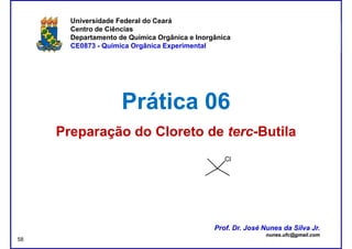 DQOI - UFC Prof. Nunes
Universidade Federal do Ceará
Centro de Ciências
Departamento de Química Orgânica e Inorgânica
CE0873 - Química Orgânica Experimental
Prática 06Prática 06
Preparação do Cloreto dePreparação do Cloreto de tercterc--ButilaButila
Cl
Prof. Dr. José Nunes da Silva Jr.
nunes.ufc@gmail.com
Prof. Dr. José Nunes da Silva Jr.
nunes.ufc@gmail.com
58
 