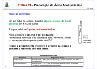 DQOI - UFC Prof. Nunes
Prática 09 – Preparação do Ácido AcetilsalicílicoPrática 09 – Preparação do Ácido Acetilsalicílico
ReaçãoReação dede ConfirmaçãoConfirmação
Em um tubo de ensaio, dissolva alguns cristais de ácido
salicílico em 1 mL de etanol.salicílico em 1 mL de etanol.
A seguir, adicione 3 gotas de cloreto férrico.
Agite a mistura e observe a cor produzida:
compostos fenólicos dão coloração azul, vermelho, violeta
ou verde quando em presença de íons Fe3+.
Repita o procedimento utilizando o produto da reação e
87
Repita o procedimento utilizando o produto da reação e
compare o resultado dos dois testes.
 