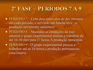 2º FASE – PERÍODOS 7 A 9 PERÍODO 7  – Com dois intervalos de dez minutos em cada período, e servindo um lanche leve , a produção novamente aumentou PERÍODO 8  – Mantidas as condições da fase anterior,o grupo experimental passou a trabalhar de até 16:30 min para 17 horas.A produção aumentou  PERÍODO 9  - O grupo experimental passou a trabalhar até as 16 horas,a produção permaneceu estacionária 