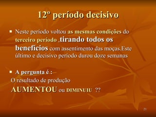 12º período decisivo Neste período voltou  as mesmas condições  do  terceiro período  , tirando todos os benefícios  com assentimento das moças.Este último e decisivo período durou doze semanas  A pergunta é : O resultado de produção  AUMENTOU  ou  DIMINUIU   ?? 