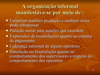 A organização informal manifestava-se por meio de : Estipulam padrões produção e nenhum deles pode ultrapassar Punição social para aqueles que excedem Expressões de insatisfações quanto ao sistema de pagamento Liderança informal de alguns operários Satisfação ou Insatisfação quanto ao comportamento dos supervisores a respeito do comportamento dos operários  