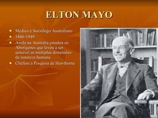 ELTON MAYO Médico e Sociólogo Australiano 1880-1949 Ainda na Austrália estudou os Aborígenes que levou a ser sensível as múltiplas dimensões da natureza humana Chefiou a Pesquisa de Hawthorne  