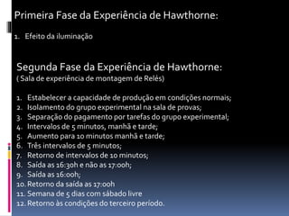 Primeira Fase da Experiência de Hawthorne:
1. Efeito da iluminação
Segunda Fase da Experiência de Hawthorne:
( Sala de experiência de montagem de Relés)
1. Estabelecer a capacidade de produção em condições normais;
2. Isolamento do grupo experimental na sala de provas;
3. Separação do pagamento por tarefas do grupo experimental;
4. Intervalos de 5 minutos, manhã e tarde;
5. Aumento para 10 minutos manhã e tarde;
6. Três intervalos de 5 minutos;
7. Retorno de intervalos de 10 minutos;
8. Saída as 16:30h e não as 17:00h;
9. Saída as 16:00h;
10.Retorno da saída as 17:00h
11. Semana de 5 dias com sábado livre
12.Retorno às condições do terceiro período.
 
