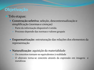 Objetivação
 Três etapas:
   Construção seletiva: seleção, descontextualização e
    simplificação (normas e crenças)
       Parte da informação disponível é retida
       Processo depende das normas e valores grupais


   Esquematização: estruturação das relações dos elementos da
    representação

   Naturalização: aquisição da materialidade
     Os conceitos tornam-se equivalentes à realidade

     O abstrato torna-se concreto através da expressão em imagens e
      metáforas
 
