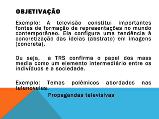 OBJETIVAÇÃO
Exemplo: A televisão constitui importantes
fontes de formação de representações no mundo
contemporâneo. Ela configura uma tendência à
concretização das ideias (abstrato) em imagens
(concreta).
Ou seja, a TRS confirma o papel dos mass
media como um elemento intermediário entre os
indivíduos e a sociedade.
Exemplo: Temas polêmicos abordados nas
telenovelas.
Propagandas televisivas
 