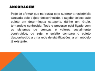 ANCORAGEM
Pode-se afirmar que na busca para superar a resistência
causada pelo objeto desconhecido, o sujeito coloca este
objeto em determinada categoria, dá-lhe um rótulo,
tornando-o conhecido. Todo o processo está ligado com
os sistemas de crenças e valores socialmente
construídos, ou seja, o sujeito compara o objeto
desconhecido a uma rede de significações, a um modelo
já existente.
 