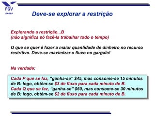 Deve-se explorar a restrição

Explorando a restrição...B
(não significa só fazê-la trabalhar todo o tempo)

O que se quer é fazer a maior quantidade de dinheiro no recurso
restritivo. Deve-se maximizar o fluxo no gargalo!


Na verdade:

Cada P que se faz, “ganha-se” $45, mas consome-se 15 minutos
de B: logo, obtém-se $3 de fluxo para cada minuto de B.
Cada Q que se faz, “ganha-se” $60, mas consome-se 30 minutos
de B: logo, obtém-se $2 de fluxo para cada minuto de B.
 