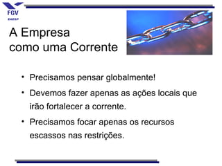 A Empresa
como uma Corrente

 • Precisamos pensar globalmente!
 • Devemos fazer apenas as ações locais que
   irão fortalecer a corrente.
 • Precisamos focar apenas os recursos
   escassos nas restrições.
 