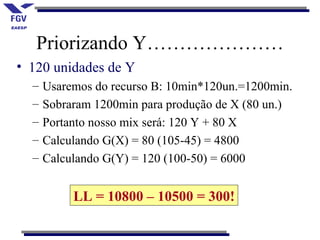 Priorizando Y…………………
• 120 unidades de Y
  –   Usaremos do recurso B: 10min*120un.=1200min.
  –   Sobraram 1200min para produção de X (80 un.)
  –   Portanto nosso mix será: 120 Y + 80 X
  –   Calculando G(X) = 80 (105-45) = 4800
  –   Calculando G(Y) = 120 (100-50) = 6000


           LL = 10800 – 10500 = 300!
 