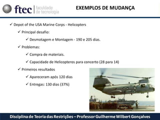 EXEMPLOS DE MUDANÇA
 Depot of the USA Marine Corps - Helicopters
 Principal desafio:
 Desmotagem e Montagem - 190 e 205 dias.
 Problemas:
 Compra de materiais.
 Capacidade de Helicopteros para concerto (28 para 14)
 Primeiros resultados
 Apareceram após 120 dias
 Entregas: 130 dias (37%)
 