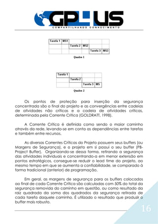 16
Os pontos de proteção para inserção da segurança
concentrada são o final do projeto e as convergências entre cadeias
de atividades não críticas e a cadeia de atividades críticas,
determinada pela Corrente Crítica (GOLDRATT, 1998).
A Corrente Crítica é definida como sendo o maior caminho
através da rede, levando-se em conta as dependências entre tarefas
e também entre recursos.
As diversas Correntes Críticas do Projeto possuem seus buffers (ou
Margens de Segurança), e o projeto em si possui o seu buffer (PB-
Project Buffer). Organizando-se dessa forma, retirando a segurança
das atividades individuais e concentrando-a em menor extensão em
pontos estratégicos, consegue-se reduzir o lead time do projeto, ao
mesmo tempo em que se aumenta a confiabilidade, se comparado à
forma tradicional (anterior) de programação.
Em geral, as margens de segurança para os buffers colocados
ao final de cada Corrente Crítica são calculadas com 50% do total da
segurança removida do caminho em questão, ou como resultado da
raiz quadrada da soma dos quadrados da segurança retirada de
cada tarefa daquele caminho. É utilizado o resultado que produzir o
buffer mais robusto.
 