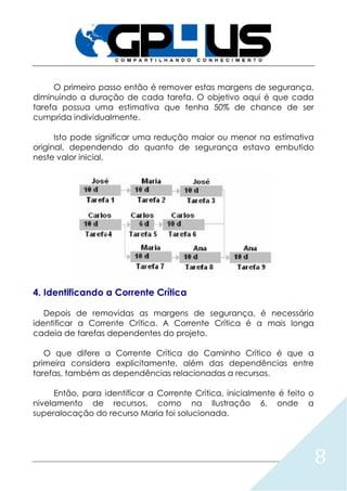 8
O primeiro passo então é remover estas margens de segurança,
diminuindo a duração de cada tarefa. O objetivo aqui é que cada
tarefa possua uma estimativa que tenha 50% de chance de ser
cumprida individualmente.
Isto pode significar uma redução maior ou menor na estimativa
original, dependendo do quanto de segurança estava embutido
neste valor inicial.
4. Identificando a Corrente Crítica
Depois de removidas as margens de segurança, é necessário
identificar a Corrente Crítica. A Corrente Crítica é a mais longa
cadeia de tarefas dependentes do projeto.
O que difere a Corrente Crítica do Caminho Crítico é que a
primeira considera explicitamente, além das dependências entre
tarefas, também as dependências relacionadas a recursos.
Então, para identificar a Corrente Crítica, inicialmente é feito o
nivelamento de recursos, como na Ilustração 6, onde a
superalocação do recurso Maria foi solucionada.
 
