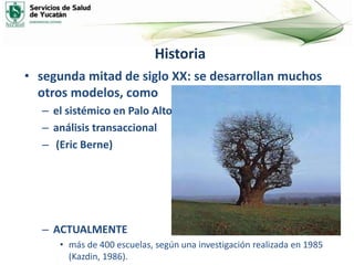 Historia
• segunda mitad de siglo XX: se desarrollan muchos
otros modelos, como
– el sistémico en Palo Alto
– análisis transaccional
– (Eric Berne)
– ACTUALMENTE
• más de 400 escuelas, según una investigación realizada en 1985
(Kazdin, 1986).
 