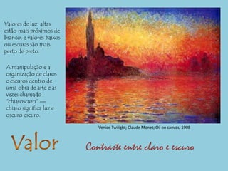 formaUma forma pode ser chamada um espaço visualmente perceptível de valor, cor, textura ou qualquer combinação desses elementos.Yellow, Red, Blue; Wassily Kandinsky; Oil on canvas, 1925 Quando uma linha se move através do espaço até que ele encontra-se e forma um invólucro, torna-se uma forma, a forma ou a massaExistem dois tipos de formas: Biomórficas: relacionados à natureza, curva, arredondada leve,geométrica afiada, muitas vezes assimétrica: precisas, dura com arestas, quadrada, tem linhas retas, ângulos, geralmente simétricos.