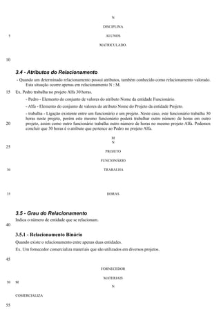 N

                                                       DISCIPLINA

 5                                                      ALUNOS

                                                      MATRICULADO.



10

     3.4 - Atributos do Relacionamento
     - Quando um determinado relacionamento possui atributos, também conhecido como relacionamento valorado.
          Esta situação ocorre apenas em relacionamento N : M.
15   Ex. Pedro trabalha no projeto Alfa 30 horas.
          - Pedro - Elemento do conjunto de valores do atributo Nome da entidade Funcionário.
          - Alfa - Elemento do conjunto de valores do atributo Nome do Projeto da entidade Projeto.
          - trabalha - Ligação existente entre um funcionário e um projeto. Neste caso, este funcionário trabalha 30
          horas neste projeto, porém este mesmo funcionário poderá trabalhar outro número de horas em outro
20        projeto, assim como outro funcionário trabalha outro número de horas no mesmo projeto Alfa. Podemos
          concluir que 30 horas é o atributo que pertence ao Pedro no projeto Alfa.

                                                           M
                                                           N
25
                                                        PROJETO

                                                      FUNCIONÁRIO

30                                                     TRABALHA




35                                                       HORAS




     3.5 - Grau do Relacionamento
     Indica o número de entidade que se relacionam.
40

     3.5.1 - Relacionamento Binário
     Quando existe o relacionamento entre apenas duas entidades.
     Ex. Um fornecedor comercializa materiais que são utilizados em diversos projetos.

45

                                                      FORNECEDOR

                                                       MATERIAIS
50   M
                                                           N

     COMERCIALIZA

55
 