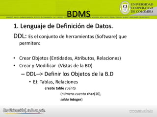 BDMS
1. Lenguaje de Definición de Datos.
DDL: Es el conjunto de herramientas (Software) que
  permiten:

• Crear Objetos (Entidades, Atributos, Relaciones)
• Crear y Modificar (Vistas de la BD)
   – DDL--> Definir los Objetos de la B.D
       • EJ: Tablas, Relaciones
              create table cuenta
                        (número-cuenta char(10),
                        saldo integer)
 