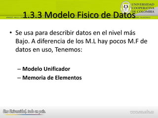 1.3.3 Modelo Fisico de Datos
• Se usa para describir datos en el nivel más
  Bajo. A diferencia de los M.L hay pocos M.F de
  datos en uso, Tenemos:

  – Modelo Unificador
  – Memoria de Elementos
 