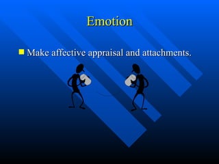 Emotion Make affective appraisal and attachments. 