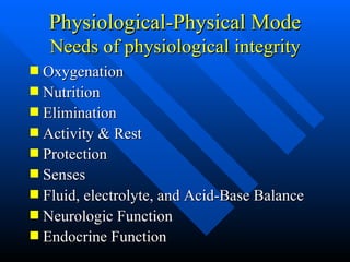 Physiological-Physical Mode Needs of physiological integrity Oxygenation Nutrition Elimination Activity & Rest Protection Senses Fluid, electrolyte, and Acid-Base Balance Neurologic Function Endocrine Function 