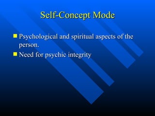 Self-Concept Mode Psychological and spiritual aspects of the person. Need for psychic integrity 