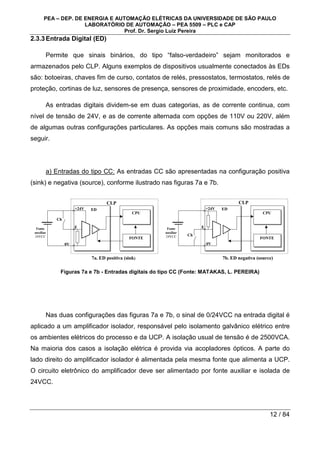 PEA – DEP. DE ENERGIA E AUTOMAÇÃO ELÉTRICAS DA UNIVERSIDADE DE SÃO PAULO
LABORATÓRIO DE AUTOMAÇÃO – PEA 5509 – PLC e CAP
Prof. Dr. Sergio Luiz Pereira
12 / 84
2.3.3Entrada Digital (ED)
Permite que sinais binários, do tipo “falso-verdadeiro” sejam monitorados e
armazenados pelo CLP. Alguns exemplos de dispositivos usualmente conectados às EDs
são: botoeiras, chaves fim de curso, contatos de relés, pressostatos, termostatos, relés de
proteção, cortinas de luz, sensores de presença, sensores de proximidade, encoders, etc.
As entradas digitais dividem-se em duas categorias, as de corrente continua, com
nível de tensão de 24V, e as de corrente alternada com opções de 110V ou 220V, além
de algumas outras configurações particulares. As opções mais comuns são mostradas a
seguir.
a) Entradas do tipo CC: As entradas CC são apresentadas na configuração positiva
(sink) e negativa (source), conforme ilustrado nas figuras 7a e 7b.
CPU
FONTE
Ch
+24V
E
0V
Fonte
auxiliar
24VCC
7a. ED positiva (sink)
CPU
FONTE
Ch
+24V
E
0V
Fonte
auxiliar
24VCC
7b. ED negativa (source)
CLP CLP
ED ED
Figuras 7a e 7b - Entradas digitais do tipo CC (Fonte: MATAKAS, L. PEREIRA)
Nas duas configurações das figuras 7a e 7b, o sinal de 0/24VCC na entrada digital é
aplicado a um amplificador isolador, responsável pelo isolamento galvânico elétrico entre
os ambientes elétricos do processo e da UCP. A isolação usual de tensão é de 2500VCA.
Na maioria dos casos a isolação elétrica é provida via acopladores ópticos. A parte do
lado direito do amplificador isolador é alimentada pela mesma fonte que alimenta a UCP.
O circuito eletrônico do amplificador deve ser alimentado por fonte auxiliar e isolada de
24VCC.
 