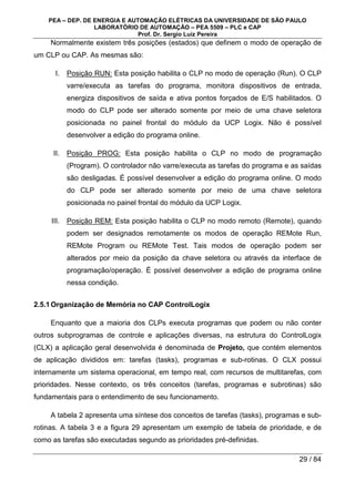 PEA – DEP. DE ENERGIA E AUTOMAÇÃO ELÉTRICAS DA UNIVERSIDADE DE SÃO PAULO
LABORATÓRIO DE AUTOMAÇÃO – PEA 5509 – PLC e CAP
Prof. Dr. Sergio Luiz Pereira
29 / 84
Normalmente existem três posições (estados) que definem o modo de operação de
um CLP ou CAP. As mesmas são:
I. Posição RUN: Esta posição habilita o CLP no modo de operação (Run). O CLP
varre/executa as tarefas do programa, monitora dispositivos de entrada,
energiza dispositivos de saída e ativa pontos forçados de E/S habilitados. O
modo do CLP pode ser alterado somente por meio de uma chave seletora
posicionada no painel frontal do módulo da UCP Logix. Não é possível
desenvolver a edição do programa online.
II. Posição PROG: Esta posição habilita o CLP no modo de programação
(Program). O controlador não varre/executa as tarefas do programa e as saídas
são desligadas. É possível desenvolver a edição do programa online. O modo
do CLP pode ser alterado somente por meio de uma chave seletora
posicionada no painel frontal do módulo da UCP Logix.
III. Posição REM: Esta posição habilita o CLP no modo remoto (Remote), quando
podem ser designados remotamente os modos de operação REMote Run,
REMote Program ou REMote Test. Tais modos de operação podem ser
alterados por meio da posição da chave seletora ou através da interface de
programação/operação. É possível desenvolver a edição de programa online
nessa condição.
2.5.1Organização de Memória no CAP ControlLogix
Enquanto que a maioria dos CLPs executa programas que podem ou não conter
outros subprogramas de controle e aplicações diversas, na estrutura do ControlLogix
(CLX) a aplicação geral desenvolvida é denominada de Projeto, que contém elementos
de aplicação divididos em: tarefas (tasks), programas e sub-rotinas. O CLX possui
internamente um sistema operacional, em tempo real, com recursos de multitarefas, com
prioridades. Nesse contexto, os três conceitos (tarefas, programas e subrotinas) são
fundamentais para o entendimento de seu funcionamento.
A tabela 2 apresenta uma síntese dos conceitos de tarefas (tasks), programas e sub-
rotinas. A tabela 3 e a figura 29 apresentam um exemplo de tabela de prioridade, e de
como as tarefas são executadas segundo as prioridades pré-definidas.
 