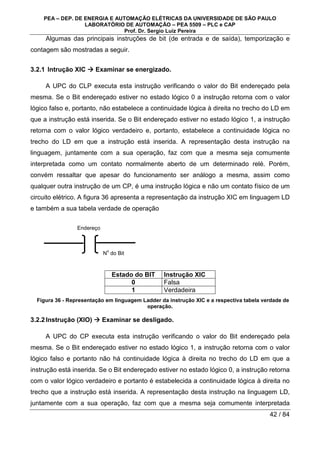 PEA – DEP. DE ENERGIA E AUTOMAÇÃO ELÉTRICAS DA UNIVERSIDADE DE SÃO PAULO
LABORATÓRIO DE AUTOMAÇÃO – PEA 5509 – PLC e CAP
Prof. Dr. Sergio Luiz Pereira
42 / 84
Algumas das principais instruções de bit (de entrada e de saída), temporização e
contagem são mostradas a seguir.
3.2.1 Intrução XIC 


 Examinar se energizado.
A UPC do CLP executa esta instrução verificando o valor do Bit endereçado pela
mesma. Se o Bit endereçado estiver no estado lógico 0 a instrução retorna com o valor
lógico falso e, portanto, não estabelece a continuidade lógica à direita no trecho do LD em
que a instrução está inserida. Se o Bit endereçado estiver no estado lógico 1, a instrução
retorna com o valor lógico verdadeiro e, portanto, estabelece a continuidade lógica no
trecho do LD em que a instrução está inserida. A representação desta instrução na
linguagem, juntamente com a sua operação, faz com que a mesma seja comumente
interpretada como um contato normalmente aberto de um determinado relé. Porém,
convém ressaltar que apesar do funcionamento ser análogo a mesma, assim como
qualquer outra instrução de um CP, é uma instrução lógica e não um contato físico de um
circuito elétrico. A figura 36 apresenta a representação da instrução XIC em linguagem LD
e também a sua tabela verdade de operação
Estado do BIT Instrução XIC
0 Falsa
1 Verdadeira
Figura 36 - Representação em linguagem Ladder da instrução XIC e a respectiva tabela verdade de
operação.
3.2.2Instrução (XIO) 


 Examinar se desligado.
A UPC do CP executa esta instrução verificando o valor do Bit endereçado pela
mesma. Se o Bit endereçado estiver no estado lógico 1, a instrução retorna com o valor
lógico falso e portanto não há continuidade lógica à direita no trecho do LD em que a
instrução está inserida. Se o Bit endereçado estiver no estado lógico 0, a instrução retorna
com o valor lógico verdadeiro e portanto é estabelecida a continuidade lógica à direita no
trecho que a instrução está inserida. A representação desta instrução na linguagem LD,
juntamente com a sua operação, faz com que a mesma seja comumente interpretada
N
o
do Bit
Endereço
 