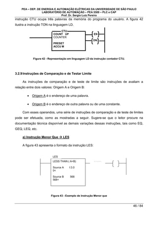 PEA – DEP. DE ENERGIA E AUTOMAÇÃO ELÉTRICAS DA UNIVERSIDADE DE SÃO PAULO
LABORATÓRIO DE AUTOMAÇÃO – PEA 5509 – PLC e CAP
Prof. Dr. Sergio Luiz Pereira
46 / 84
instrução CTU ocupa três palavras da memória do programa do usuário. A figura 42
ilustra a instrução TON na linguagem LD.
Figura 42 - Representação em linguagem LD da instrução contador CTU.
3.2.9Instruções de Comparação e de Testar Limite
As instruções de comparação e de teste de limite são instruções de avaliam a
relação entre dois valores: Origem A e Origem B:
• Origem A é o endereço de uma palavra.
• Origem B é o endereço de outra palavra ou de uma constante.
Com esses operandos, uma série de instruções de comparação e de teste de limites
pode ser efetuada, como as mostradas a seguir. Sugere-se que o leitor procure na
documentação técnica disponível as demais variações dessas instruções, tais como EQ,
GEQ, LEQ, etc.
a) Instrução Menor Que 


 LES
A figura 43 apresenta o formato da instrução LES:
Figura 43 - Exemplo de Instrução Menor que
CTU
COUNT UP EN
COUNTER
DN
PRESET
ACCU M
LESS THAN ( AB)
Source A I:3.0
0
Source B 568
568
LES
. . . . .
 
