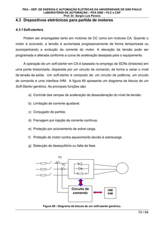 PEA – DEP. DE ENERGIA E AUTOMAÇÃO ELÉTRICAS DA UNIVERSIDADE DE SÃO PAULO
LABORATÓRIO DE AUTOMAÇÃO – PEA 5509 – PLC e CAP
Prof. Dr. Sergio Luiz Pereira
70 / 84
4.3 Dispositivos eletrônicos para partida de motores
4.3.1Soft-starters
Podem ser empregadas tanto em motores de CC como em motores CA. Quando o
motor é acionado, a tensão é aumentada progressivamente de forma temporizada ou
acompanhando a evolução da corrente do motor. A elevação da tensão pode ser
programada e alterada conforme a curva de aceleração desejada para o equipamento.
A operação de um soft-starter em CA é baseada no emprego de SCRs (tiristores) em
uma ponte tiristorizada, disparada por um circuito de comando, de forma a variar o nível
de tensão da saída. Um soft-starter é composto de: um circuito de potência, um circuito
de comando e uma interface IHM. A figura 69 apresenta um diagrama de blocos de um
Soft-Starter genérico. As principais funções são:
a) Controle das rampas de aceleração de desaceleração do nível de tensão.
b) Limitação de corrente ajustável.
c) Conjugado de partida.
d) Frenagem por injeção de corrente contínua.
e) Proteção por acionamento de sobre carga.
f) Proteção do motor contra aquecimento devido à sobrecarga.
g) Detecção de desequilíbrio ou falta de fase.
Figura 69 - Diagrama de blocos de um soft-starter genérico.
Circuito de
comando
HMI
IHM
TC
TC
 