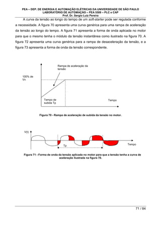 PEA – DEP. DE ENERGIA E AUTOMAÇÃO ELÉTRICAS DA UNIVERSIDADE DE SÃO PAULO
LABORATÓRIO DE AUTOMAÇÃO – PEA 5509 – PLC e CAP
Prof. Dr. Sergio Luiz Pereira
71 / 84
A curva da tensão ao longo do tempo de um soft-starter pode ser regulada conforme
a necessidade. A figura 70 apresenta uma curva genérica para uma rampa de aceleração
da tensão ao longo do tempo. A figura 71 apresenta a forma de onda aplicada no motor
para que o mesmo tenha o módulo da tensão instantânea como ilustrado na figura 70. A
figura 72 apresenta uma curva genérica para a rampa de desaceleração da tensão, e a
figura 73 apresenta a forma de onda da tensão correspondente.
Figura 70 - Rampa de aceleração de subida da tensão no motor.
Figura 71 - Forma de onda da tensão aplicada no motor para que a tensão tenha a curva de
aceleração ilustrada na figura 70.
100% de
Vn
Rampa de aceleração da
tensão
Tempo de
subida Tp
Tempo
Tp Tempo
V(t)
 