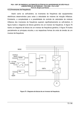 PEA – DEP. DE ENERGIA E AUTOMAÇÃO ELÉTRICAS DA UNIVERSIDADE DE SÃO PAULO
LABORATÓRIO DE AUTOMAÇÃO – PEA 5509 – PLC e CAP
Prof. Dr. Sergio Luiz Pereira
73 / 84
4.3.2Inversores de frequência
Assim como os soft-starters, os inversores de frequência são equipamentos
eletrônicos desenvolvidos para variar a velocidade de motores de indução trifásicos.
Entretanto, a complexidade e a possibilidade de controle de velocidade de motores
trifásicos dos inversores de frequência superam significativamente os soft-starters. A
figura ilustra o diagrama de blocos genérico de um inversor de frequência. A figura 75
ilustra um diagrama de blocos de um inversor de frequência genérico. A figura 76 ilustra
parcialmente os principais circuitos, e as respectivas formas de onda de tensão de um
inversor de frequência.
Figura 75 - Diagrama de blocos de um inversor de frequência.
RS485
A
D
DIN
CPU
IHM
REDE
IGBTs
M
Interface
serial
0 – 10 Volts
analógic
I/O
digital
 