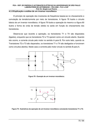 PEA – DEP. DE ENERGIA E AUTOMAÇÃO ELÉTRICAS DA UNIVERSIDADE DE SÃO PAULO
LABORATÓRIO DE AUTOMAÇÃO – PEA 5509 – PLC e CAP
Prof. Dr. Sergio Luiz Pereira
75 / 84
4.3.3Explicação e análise de um inversor monofásico
O princípio de operação dos inversores de frequência baseia-se no chaveamento e
comutação da tensão/corrente por meio de transistores. A figura 78 ilustra o circuito
básico de um inversor monofásico. A figura 79 ilustra a operação do mesmo e a figura 80
ilustra a forma de onda de tensão obtida na saída em função do chaveamento dos
transistores.
Observa-se que durante a operação, os transistores T1 e T4 são disparados
(ligados), enquanto que os transistores T2 e T3 operam como um circuito aberto. Quando
isto ocorre, a corrente circula pelo motor no sentido A para B. Por outro lado, quando os
Transistores T2 e T3 são disparados, os transistores T1 e T4 são desligados e funcionam
como circuitos abertos. Neste caso a corrente pelo motor circula no sentido B para A.
Figura 78 - Exemplo de um inversor monofásico.
Figura 79 - Ilustrativos da operação de um Inversor monofásico comutando transistores T1 e T2.
T1
T2
T3
T4
T1 i T3
T2 A B T4
 