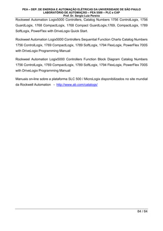 PEA – DEP. DE ENERGIA E AUTOMAÇÃO ELÉTRICAS DA UNIVERSIDADE DE SÃO PAULO
LABORATÓRIO DE AUTOMAÇÃO – PEA 5509 – PLC e CAP
Prof. Dr. Sergio Luiz Pereira
84 / 84
Rockweel Automation Logix5000 Controllers, Catalog Numbers 1756 ControlLogix, 1756
GuardLogix, 1768 CompactLogix, 1768 Compact GuardLogix,1769, CompactLogix, 1789
SoftLogix, PowerFlex with DriveLogix Quick Start.
Rockweel Automation Logix5000 Controllers Sequential Function Charts Catalog Numbers
1756 ControlLogix, 1769 CompactLogix, 1789 SoftLogix, 1794 FlexLogix, PowerFlex 700S
with DriveLogix Programming Manual
Rockweel Automation Logix5000 Controllers Function Block Diagram Catalog Numbers
1756 ControlLogix, 1769 CompactLogix, 1789 SoftLogix, 1794 FlexLogix, PowerFlex 700S
with DriveLogix Programming Manual
Manuais on-line sobre a plataforma SLC 500 / MicroLogix disponibilizados no site mundial
da Rockwell Automation - http://www.ab.com/catalogs/
 