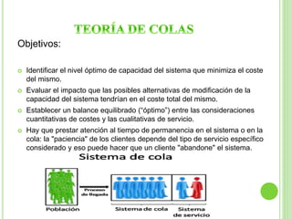 Objetivos: 
 Identificar el nivel óptimo de capacidad del sistema que minimiza el coste 
del mismo. 
 Evaluar el impacto que las posibles alternativas de modificación de la 
capacidad del sistema tendrían en el coste total del mismo. 
 Establecer un balance equilibrado (“óptimo”) entre las consideraciones 
cuantitativas de costes y las cualitativas de servicio. 
 Hay que prestar atención al tiempo de permanencia en el sistema o en la 
cola: la "paciencia" de los clientes depende del tipo de servicio específico 
considerado y eso puede hacer que un cliente "abandone" el sistema. 
 